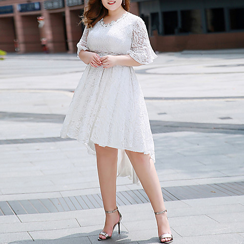 

A-Line Minimalist Plus Size Engagement Prom Dress V Neck Half Sleeve Asymmetrical Lace with Sequin 2021