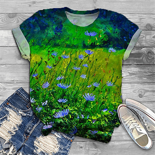 

Women's Plus Size Print Graphic Floral T shirt Large Size Crewneck Short Sleeve Basic Tops XL XXL 3XL Green Big Size