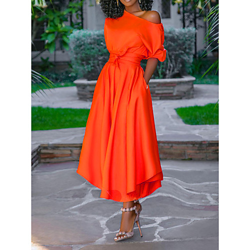 

Women's Swing Dress Maxi long Dress Black Orange Brown Short Sleeve Solid Color Lace up Patchwork Fall Off Shoulder Casual Lantern Sleeve 2021 M L XL XXL
