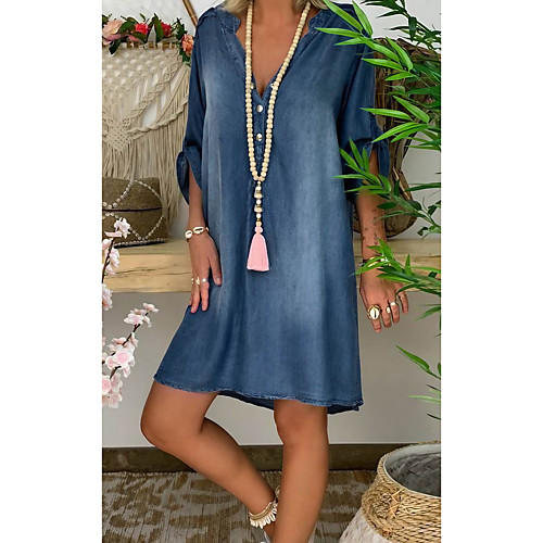 

Women's Denim Dress Knee Length Dress Blue Long Sleeve Solid Color Pocket Patchwork Summer Shirt Collar Casual 2021 S M L XL XXL 3XL