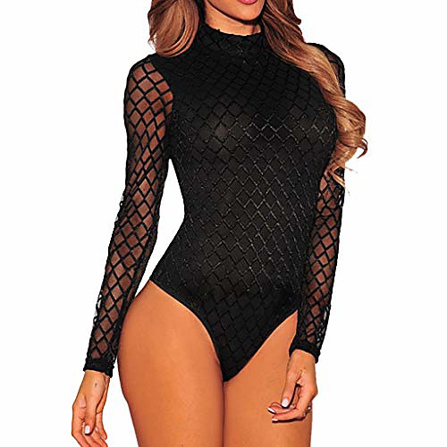 

women's basic solid bodysuit t turtleneck leotard top mesh long sleeve bodycon jumpsuit stretchy romper (black, l)