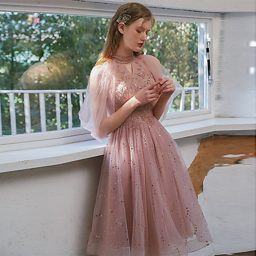 

A-Line Flirty Elegant Engagement Cocktail Party Dress Jewel Neck 3/4 Length Sleeve Knee Length Tulle with Sequin Appliques 2021