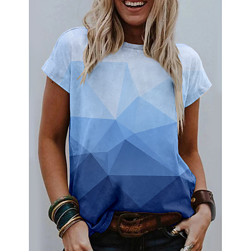 

Women's T shirt Color Gradient Geometric Print Round Neck Tops Basic Basic Top Blue Blushing Pink Light Blue