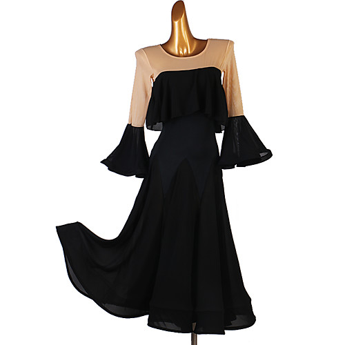 

Ballroom Dance Dress Ruffles Split Joint Women's Training Long Sleeve Chinlon Mesh Chiffon