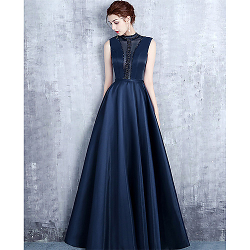 

A-Line Beautiful Back Elegant Prom Formal Evening Dress Illusion Neck Sleeveless Floor Length Satin with Pleats Crystals 2021