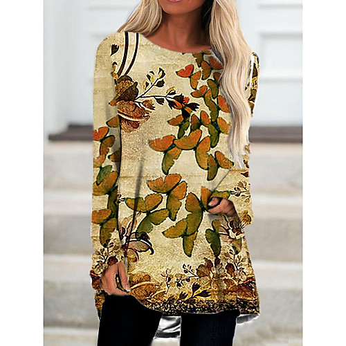 

Women's T Shirt Dress Tee Dress Short Mini Dress Khaki Long Sleeve Color Block Animal Print Fall Spring Round Neck Casual 2021 S M L XL XXL 3XL