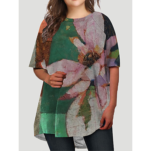 

Women's Plus Size Graphic Color Block Floral Print Casual Half Sleeve Fall Short Mini Dress T Shirt Dress Tee Dress Green