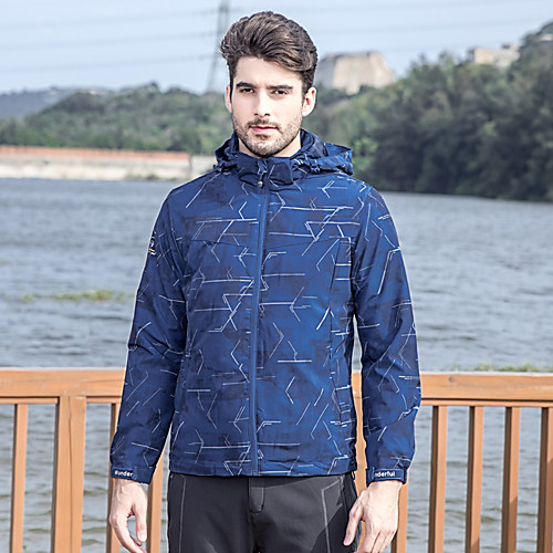 

Men's Hoodie Jacket Waterproof Hiking Jacket Hiking Windbreaker Outdoor Stripes Waterproof Lightweight Windproof Breathable Jacket Hoodie Top Elastane Full Zip Hunting Fishing Climbing Blue Grey