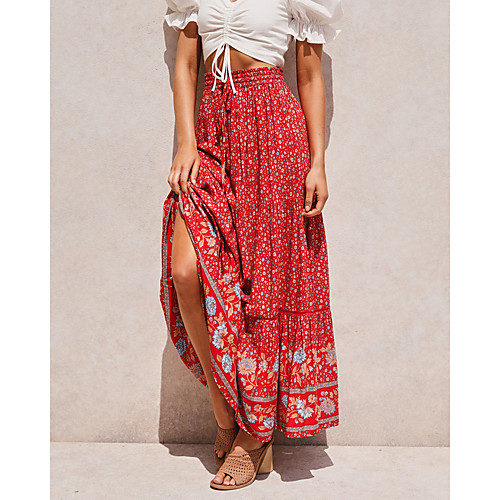 

Women's Daily Vintage Boho Swing Skirts Floral Print Blue White Red / Maxi