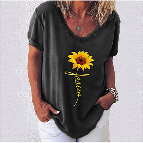 

Women's T shirt Floral Flower V Neck Tops Basic Top White Black Blue