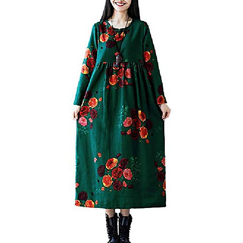 

romacci women cotton linen print baggy dress long sleeve pocket house midi dress green