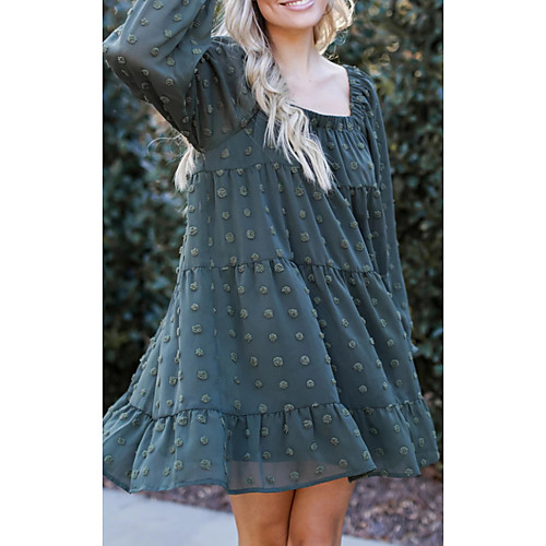 

Women's Chiffon Dress Knee Length Dress Black Green Long Sleeve Polka Dot Print Summer Square Neck Casual 2021 S M L XL
