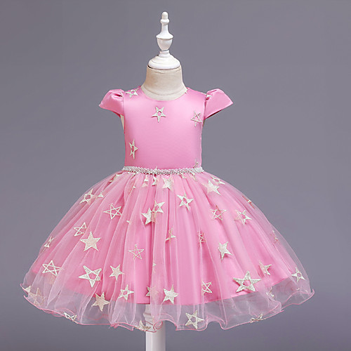 

Ball Gown Knee Length Wedding / Event / Party Flower Girl Dresses - Tulle / Polyester Short Sleeve Jewel Neck with Pattern / Print / Bandage / Trim