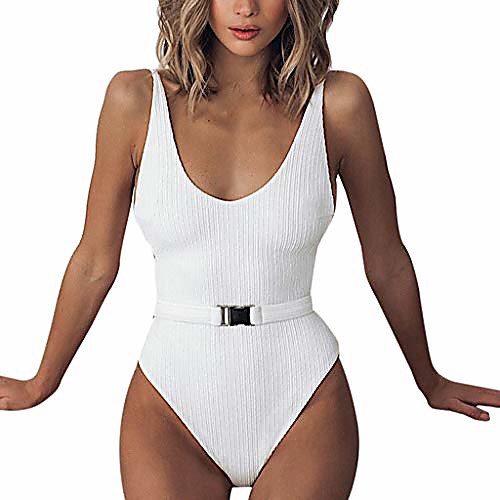 

Swimwear, Women Ribbed One-Piece Swimsuit High Cut Buckle Belted Bathing Suit Push-Up Padded Bra Beach Bikini Monokini (White, M)