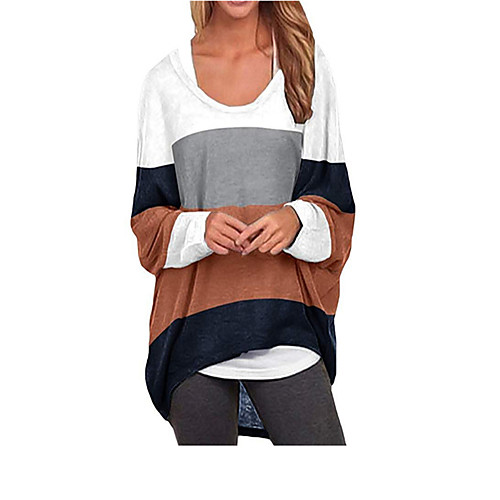 

Women's T shirt Color Block Long Sleeve Round Neck Tops Basic Basic Top White