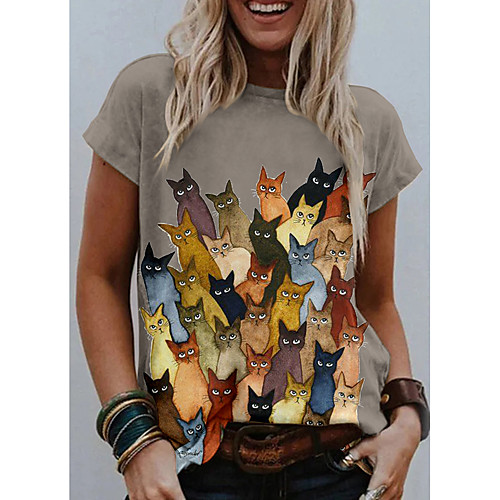 

Women's T shirt Cat Graphic Print Round Neck Tops Basic Basic Top White Blue Khaki