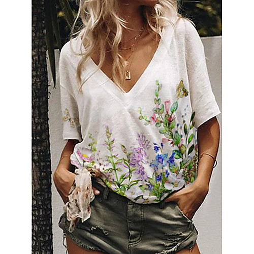 

Women's T shirt Butterfly Floral Print V Neck Tops Cotton Basic Basic Top White