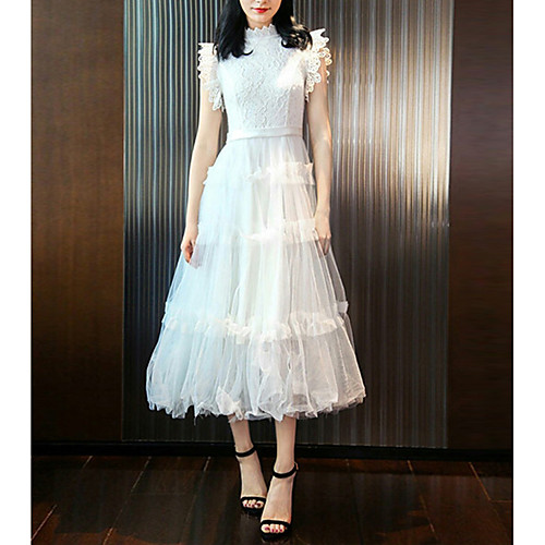 

A-Line Minimalist Elegant Holiday Cocktail Party Dress High Neck Sleeveless Tea Length Lace with Pleats Lace Insert 2021