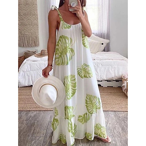 

Women's Strap Dress Maxi long Dress White Sleeveless Floral Print Patchwork Print Summer Round Neck Casual 2021 S M L XL XXL 3XL
