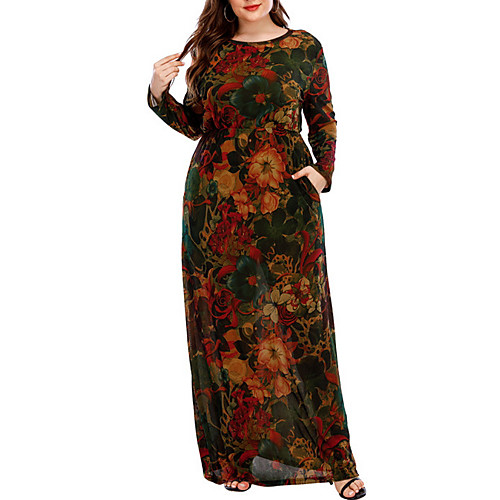 

Women's Plus Size Floral Print Casual Long Sleeve Spring & Fall Maxi long Dress Swing Dress Brown