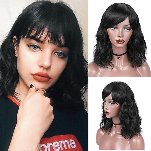 

Synthetic Wig Water Wave Neat Bang Wig Short Dark Brown Black Synthetic Hair Women's Cosplay Party Fashion Black Dark Brown