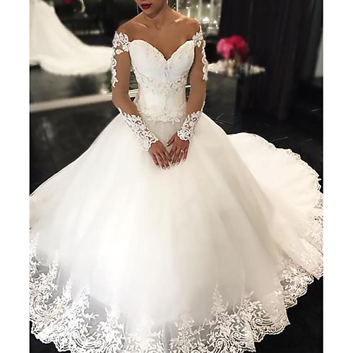 

Princess Ball Gown Wedding Dresses Off Shoulder Court Train Lace Tulle Long Sleeve Formal Romantic Luxurious with Pleats Appliques 2021