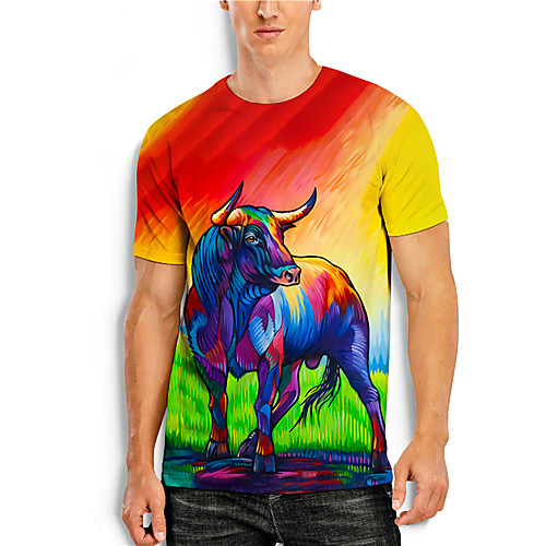 

Men's T shirt 3D Print Graphic Prints Cow Animal 3D Print Short Sleeve Daily Tops Basic Casual Rainbow