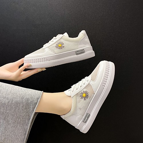 

Women's Sneakers Flat Heel Round Toe Mesh PU Lace-up Solid Colored Floral Pink Gray