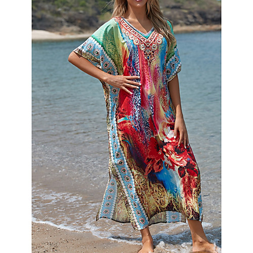

Women's Swimsuit Cover Up Beach Top Swimsuit Slim Print Tribal Abstract Red Swimwear T shirt Dress Tunic V Wire Bathing Suits New Fashion Sexy