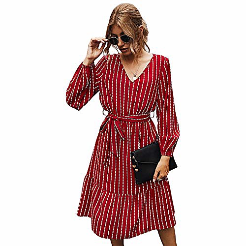 

tilpawogga women's sexy v-neck long-sleeved vertical striped dress with belt