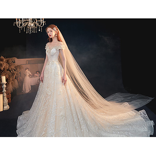 

Princess A-Line Wedding Dresses Off Shoulder Chapel Train Lace Tulle Sequined Short Sleeve Formal Romantic Luxurious Sparkle & Shine with Appliques 2021