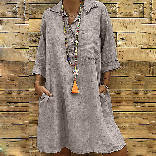 

Women's Denim Dress Knee Length Dress Black Blushing Pink Green Dark Gray Gray 3/4 Length Sleeve Solid Color Pocket Patchwork Summer Shirt Collar Elegant Cotton 2021 S M L XL XXL 3XL 4XL 5XL