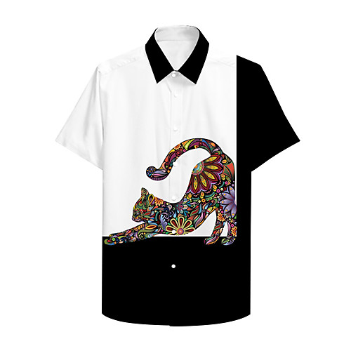 

Men's Shirt 3D Print Cat Graphic Prints Button-Down Print Short Sleeve Casual Tops Casual Designer Big and Tall Black / White