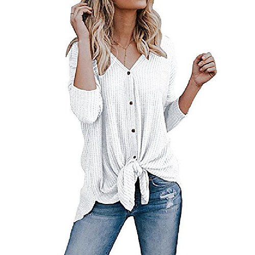 

womens henley t shirts long short sleeve blouse front knot v neck button down loose tunic tops (small, white)