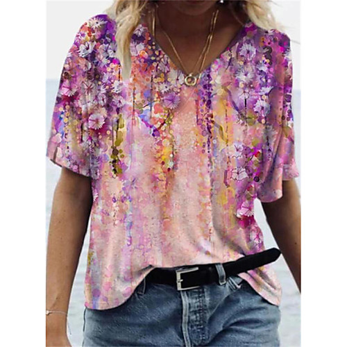 

Women's T shirt Graphic Floral Print V Neck Tops Basic Basic Top Blushing Pink Orange Royal Blue