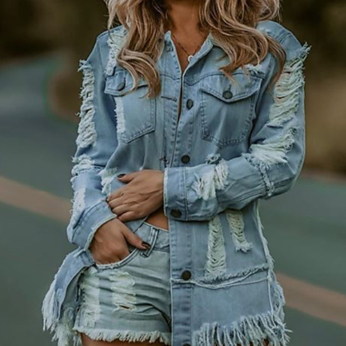 

Women's Solid Colored Tassel Fringe Streetwear Spring & Summer Denim Jacket Regular Daily Long Sleeve Denim Coat Tops Light Blue