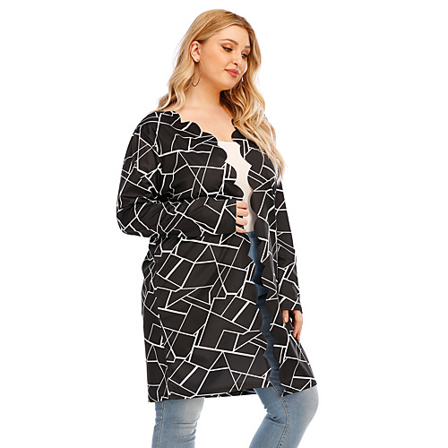 

Women's Geometric Patchwork Basic Spring & Fall Trench Coat Long Daily Long Sleeve Polyster Coat Tops Black