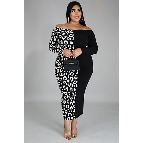 

Women's Sheath Dress Midi Dress Black Long Sleeve Print Print Fall Off Shoulder Sexy 2021 XXL 3XL 4XL 5XL 6XL / Plus Size