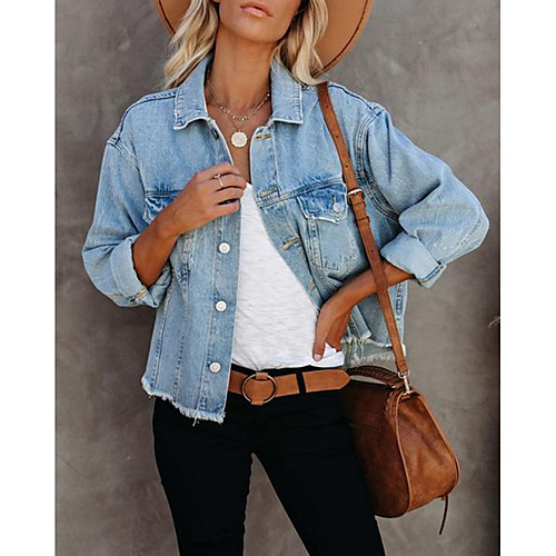 

Women's Solid Colored Spring & Fall Denim Jacket Regular Daily Long Sleeve Acrylic Coat Tops Light Blue