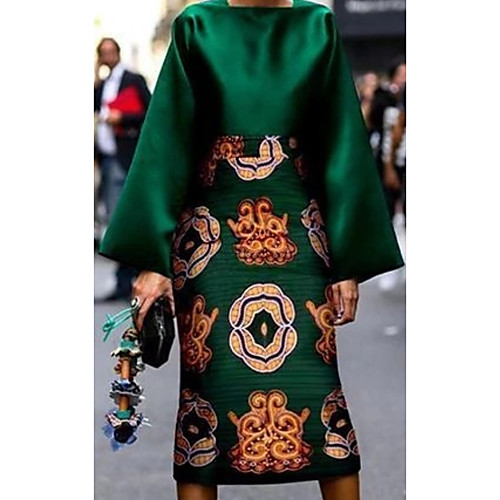 

Women's Sheath Dress Knee Length Dress Green Long Sleeve Solid Color Print Spring Summer Round Neck Casual 2021 S M L XL XXL 3XL