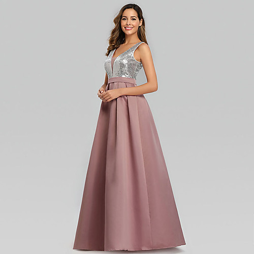 

A-Line V Neck Floor Length Satin Bridesmaid Dress with Sequin / Ruching