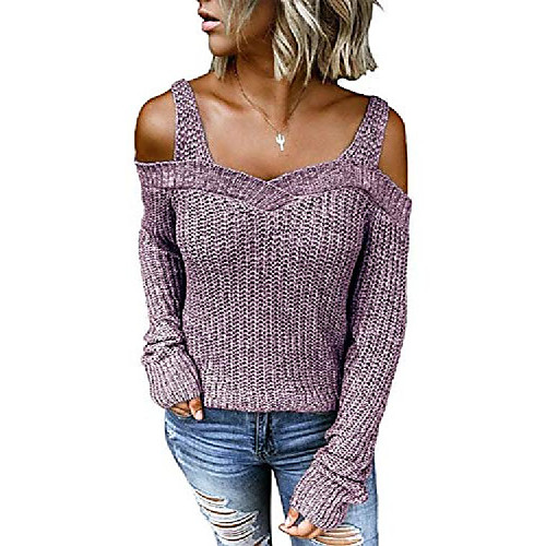 

rungion women's sexy long sleeve cold shoulder knit sweater tops jumper sweaters