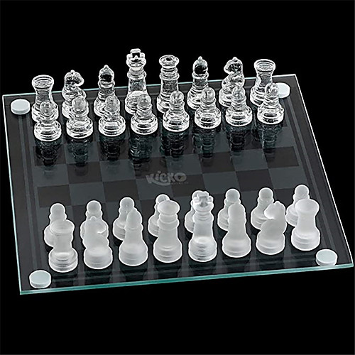 

Small Glass Chess Set 7.5 Inch 33 Pieces Transparent Board Game with Frosted and Clear Pieces Felt Bottom and Storage Box with Carrying Handle for Family Game Night Kids Boy or Girl