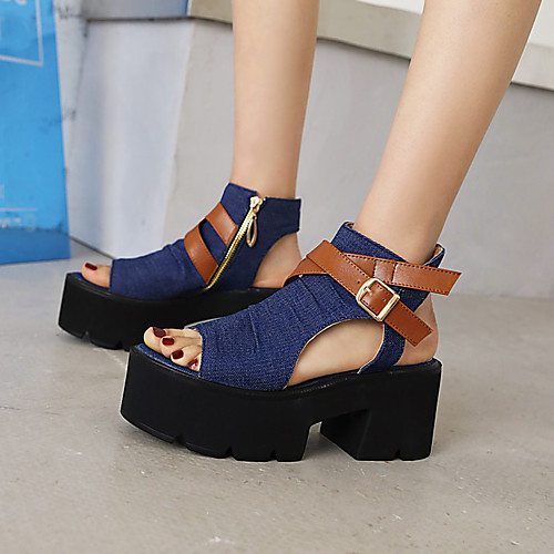 

Women's Sandals Platform Open Toe Denim PU Color Block Black Dark Blue Light Blue