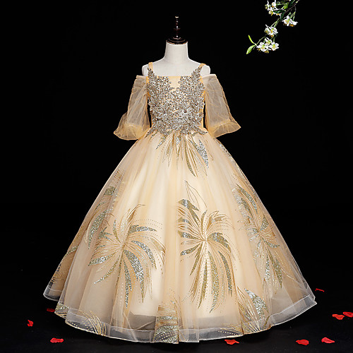 

Princess / Ball Gown / A-Line Floor Length Formal Evening / Pageant Flower Girl Dresses - Tulle Half Sleeve Spaghetti Strap with Beading / Appliques / Solid