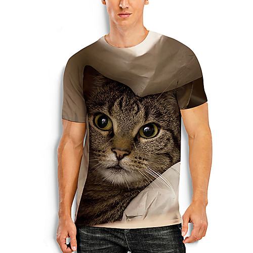 

Men's Tees T shirt 3D Print Cat Graphic Prints Animal Print Short Sleeve Daily Tops Basic Casual Brown