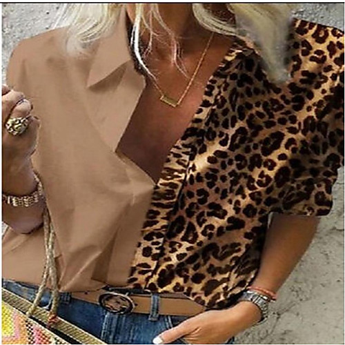 

Women's Blouse Shirt Leopard Cheetah Print Shirt Collar Tops Basic Top Brown