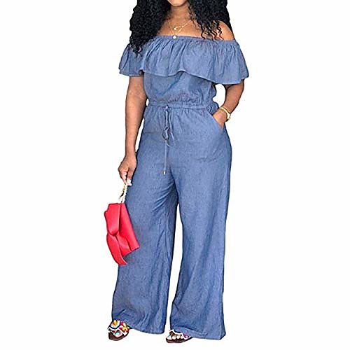 

women 's bodycon off shoulder jumpsuit jeans denim rompers overalls plus size trousers pants (blue, l)
