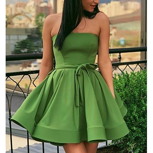 

A-Line Minimalist Sexy Homecoming Cocktail Party Dress Strapless Sleeveless Short / Mini Satin with Pleats 2021