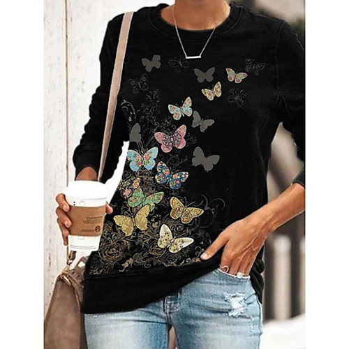 

Women's T shirt Butterfly Long Sleeve Print Round Neck Tops Basic Basic Top Black Blue Wine